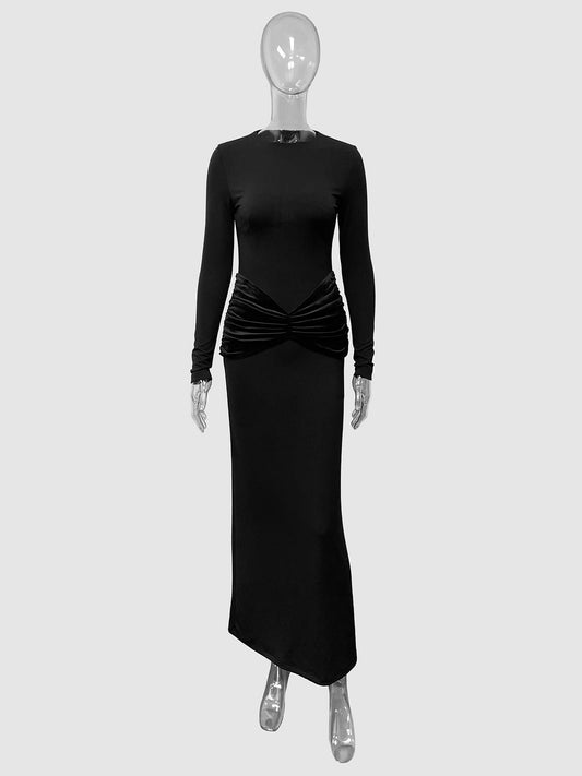 Womens Elegant Long Sleeve Knot Details Patchwork Bodycon Dress