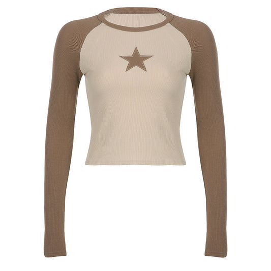 Stars Patchwork Long Sleeve T-shirts Women Slim Tops