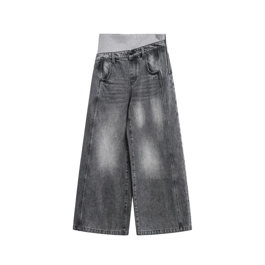 Retro Double-Waistband Washed Straight-Leg Loose Wide-Leg Jeans