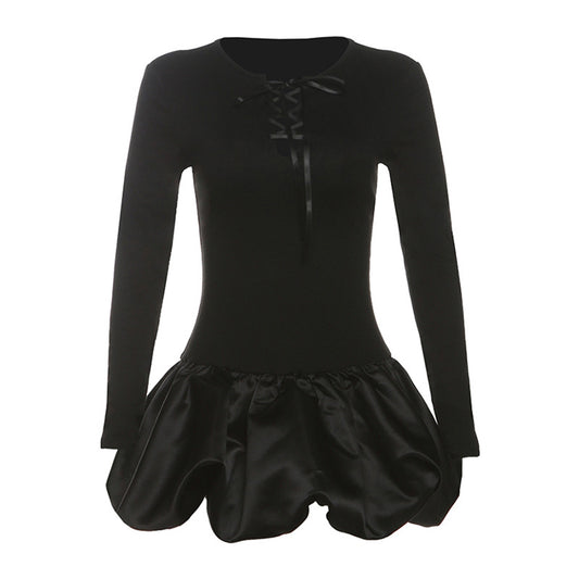 Womens Fashion Patchwork Lace-Up Long-Sleeve Dress