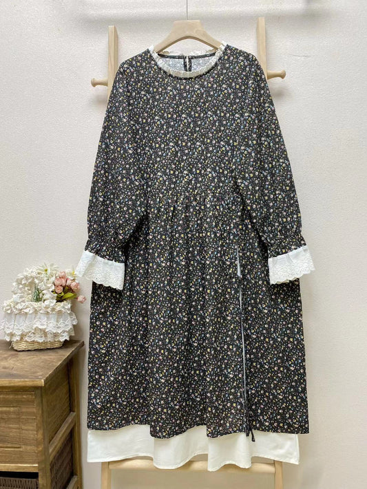 Women's Loose Casual Patchwork Fake Two-piece Long Sleeve Floral Dress