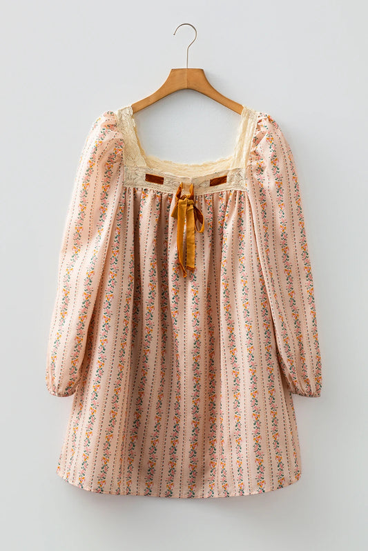 Khaki Floral Print Contrast Velvet Bow Lace Patchwork Long Sleeve Loose Mini Dress