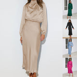 Elegant Temperament Long-sleeved Dress Satin Halterneck Formal Evening Dresses Women Clothing