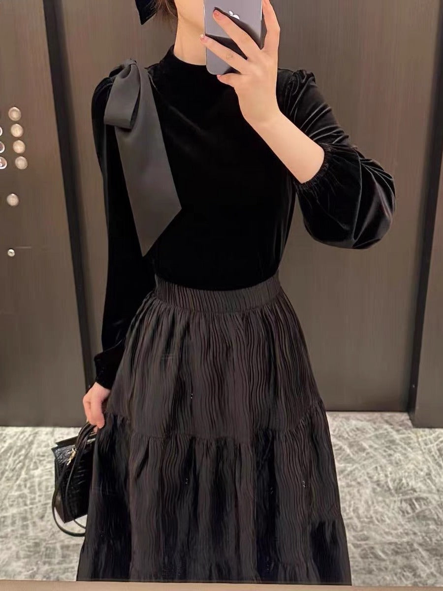 Black Velvet Slimming Patchwork Long Sleeve Temperament Dress