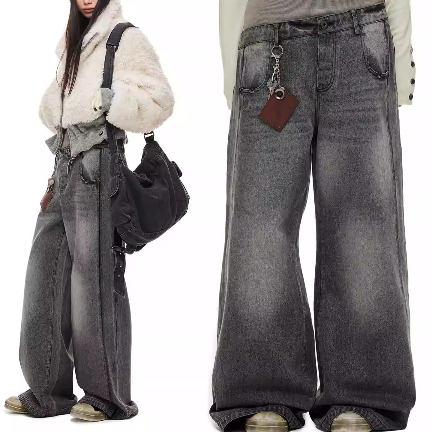Retro Double-Waistband Washed Straight-Leg Loose Wide-Leg Jeans
