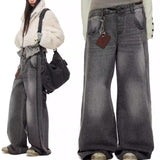 Retro Double-Waistband Washed Straight-Leg Loose Wide-Leg Jeans
