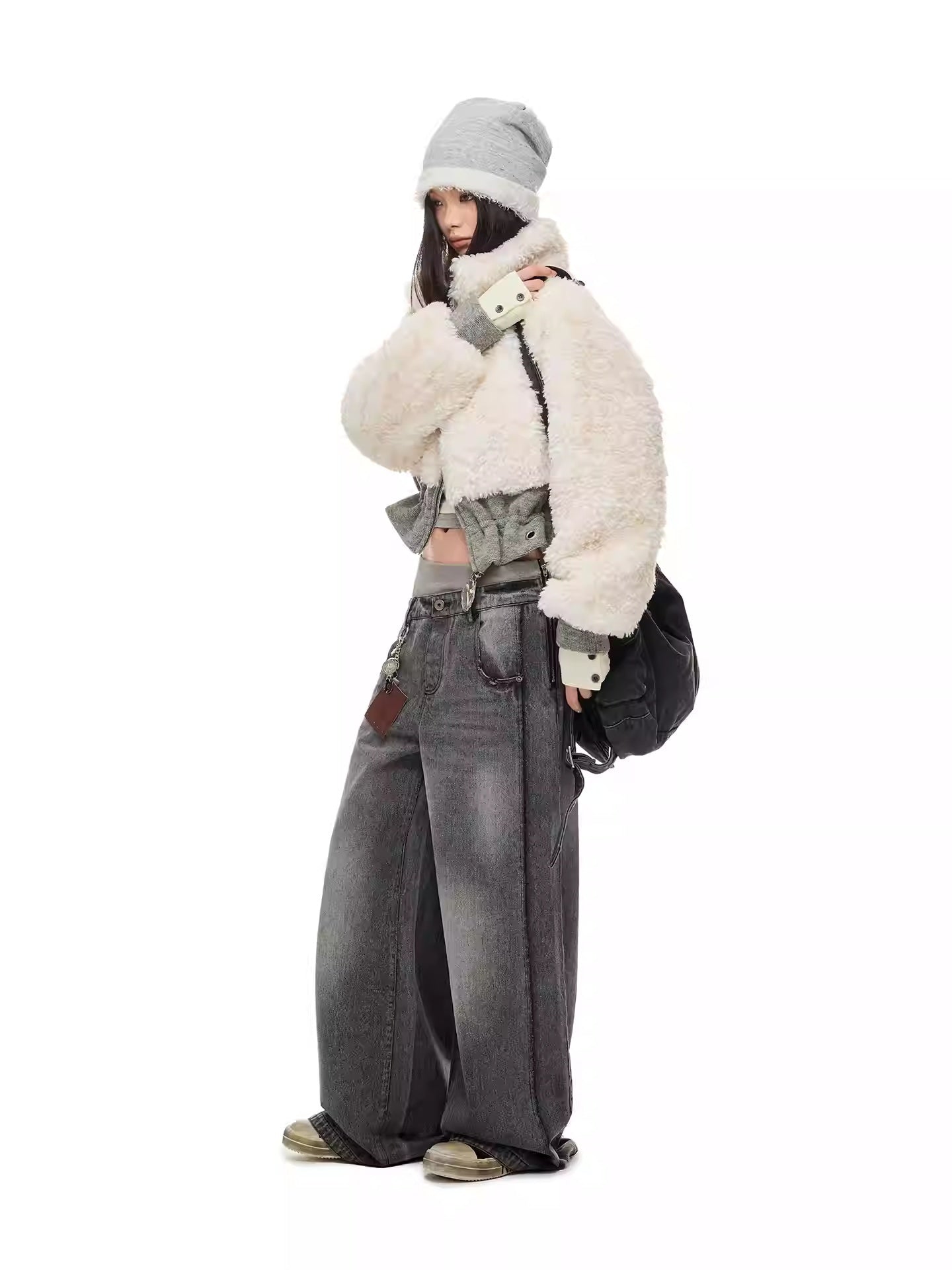 Retro Double-Waistband Washed Straight-Leg Loose Wide-Leg Jeans