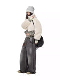 Retro Double-Waistband Washed Straight-Leg Loose Wide-Leg Jeans