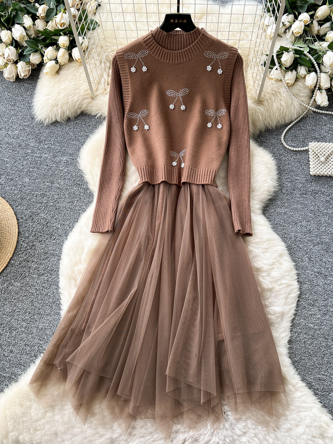 Cherry Vest Long-Sleeve Knitted Patchwork Mesh Dress