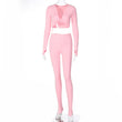 FQLWL Casual Summer 2 Two Piece Set Women Pink Outfit Long Sleeve Crop Top Leggings Women Joggers Matching Sets Ladies Tracksuit