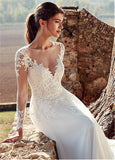 High U-neck Lace Long Sleeve A- Line Long Tail Simple Wedding Dress