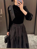 Black Velvet Slimming Patchwork Long Sleeve Temperament Dress