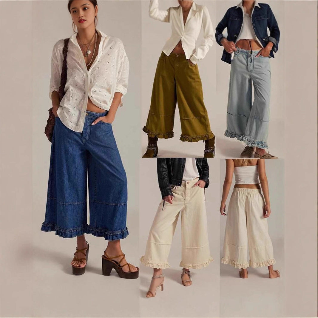 New Women's Wide-leg Cropped Lace Jeans