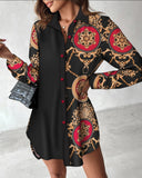 Long Sleeve Printed Patchwork Button Dress Shirt For Women