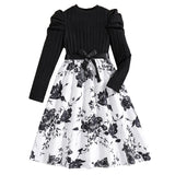 Long Sleeve Knitted Patchwork Retro Printed Princess Dress