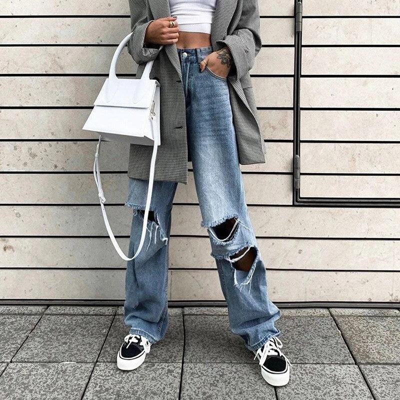 American Ripped High Waist Wide Leg Jeans
