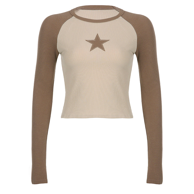 Stars Patchwork Long Sleeve T-shirts Women Slim Tops