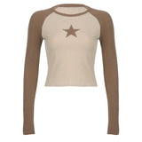 Stars Patchwork Long Sleeve T-shirts Women Slim Tops