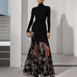 Black Mesh Floral Knit Turtleneck Long-Sleeve Patchwork Gauze Dress