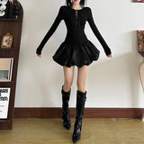 Womens Fashion Patchwork Lace-Up Long-Sleeve Dress