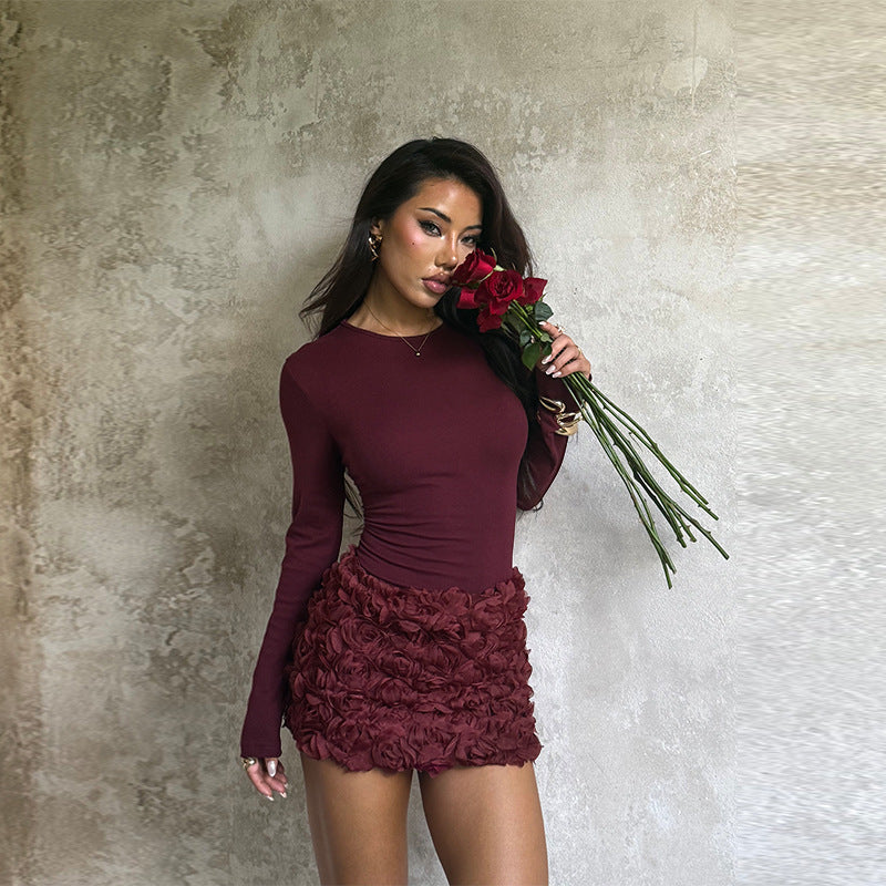 Three-dimensional Floral Patchwork Long-sleeve Dress