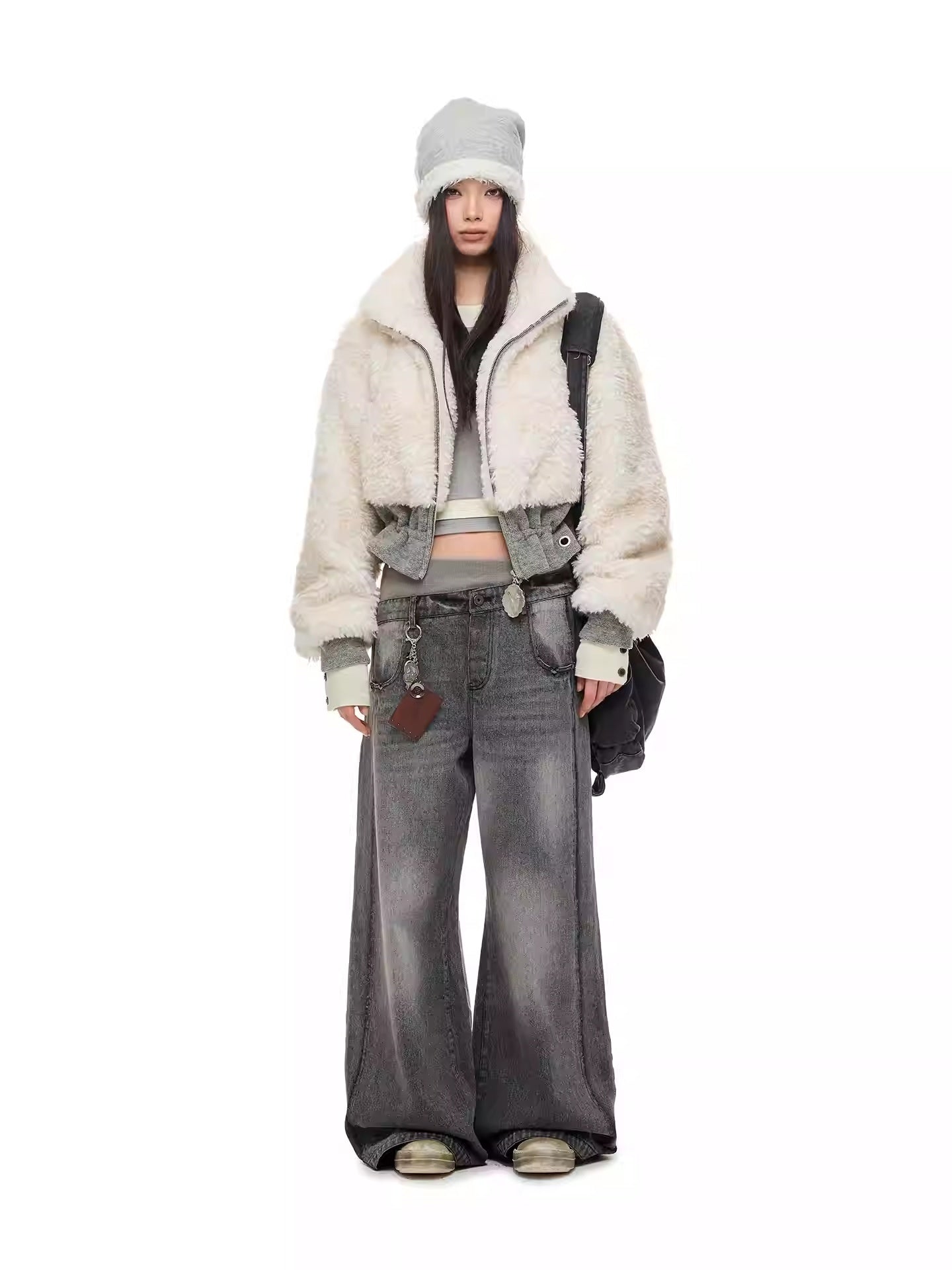 Retro Double-Waistband Washed Straight-Leg Loose Wide-Leg Jeans