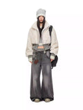 Retro Double-Waistband Washed Straight-Leg Loose Wide-Leg Jeans