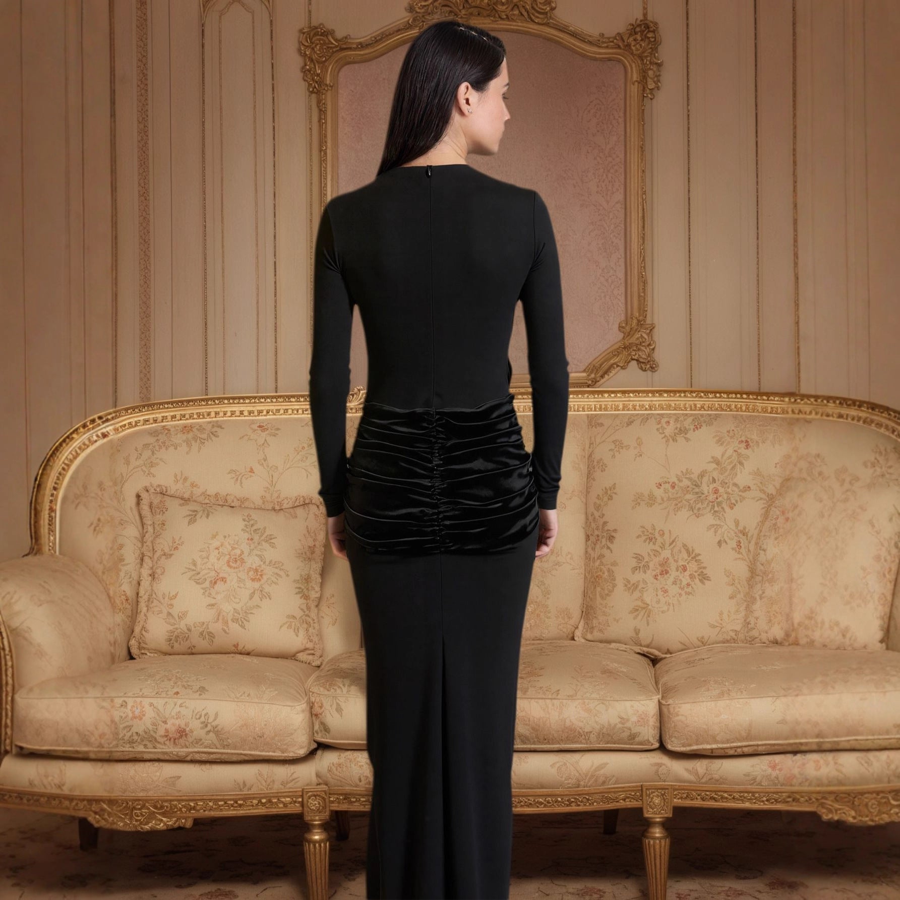 Womens Elegant Long Sleeve Knot Details Patchwork Bodycon Dress