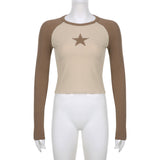 Stars Patchwork Long Sleeve T-shirts Women Slim Tops