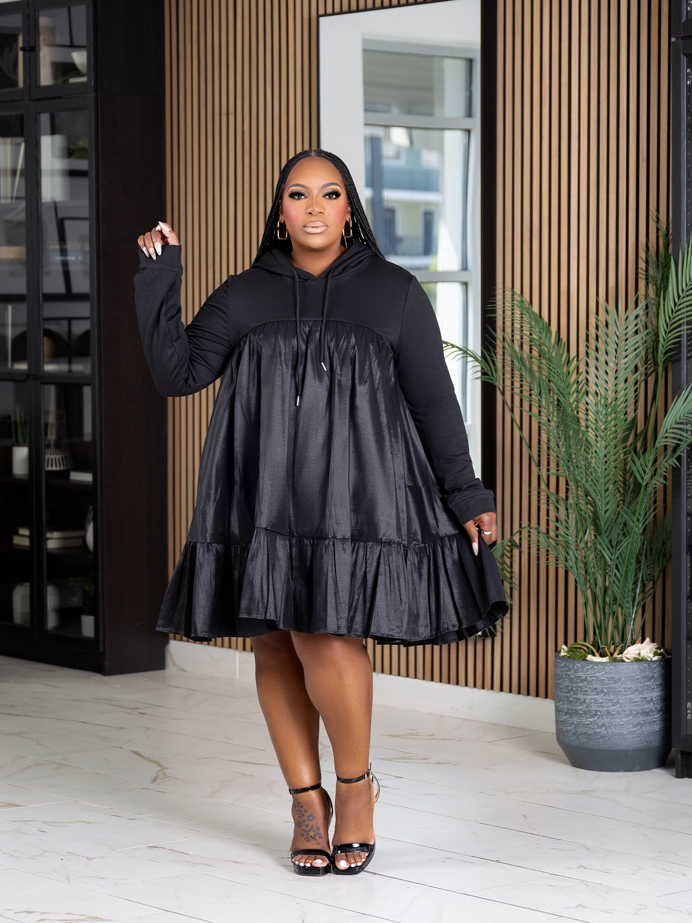 Patchwork Hooded Pullover Long Sleeve Dress