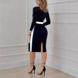 Color-Block Minimalist Long-Sleeve Bodycon Patchwork Elegant Dress