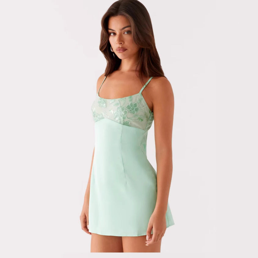 Womens Sequin Satin Patchwork Slip Dress