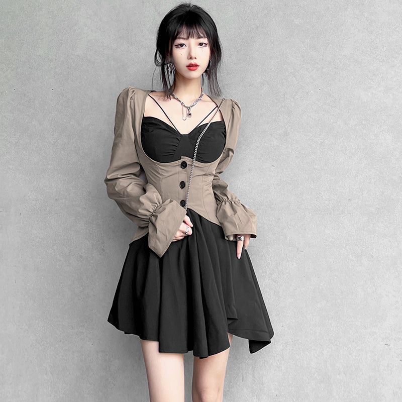 Women's Irregular French Retro Patchwork Long Sleeve Dress