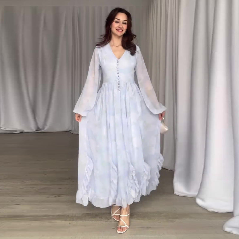 Mesh Patchwork Ruffled Long Sleeve Elegant Dress