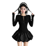 Womens Fashion Patchwork Lace-Up Long-Sleeve Dress