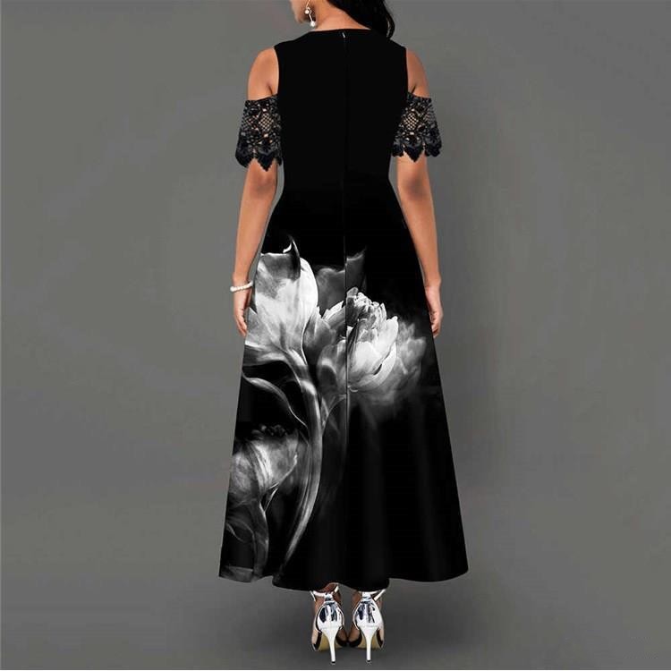 Women's Printed Lace Sleeve Long Patchwork Dress