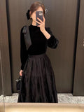 Black Velvet Slimming Patchwork Long Sleeve Temperament Dress