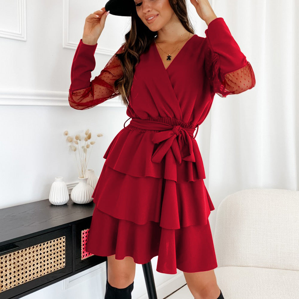 New Patchwork Mesh Sleeve Long Sleeve Dress Cake Dress
