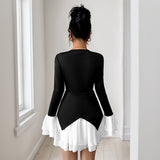 Long Sleeve Contrast Skirt Patchwork Ruffled Dress