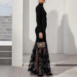 Black Mesh Floral Knit Turtleneck Long-Sleeve Patchwork Gauze Dress