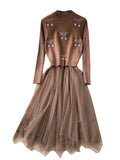 Cherry Vest Long-Sleeve Knitted Patchwork Mesh Dress