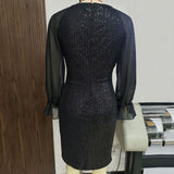 Long Sleeve Chiffon Patchwork Sequin Dress
