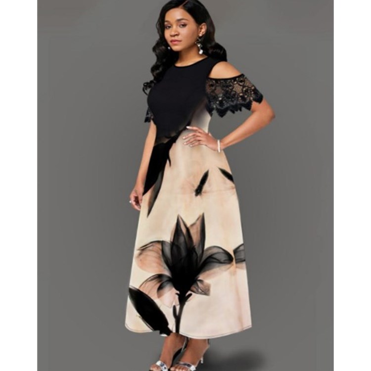 Women's Printed Lace Sleeve Long Patchwork Dress