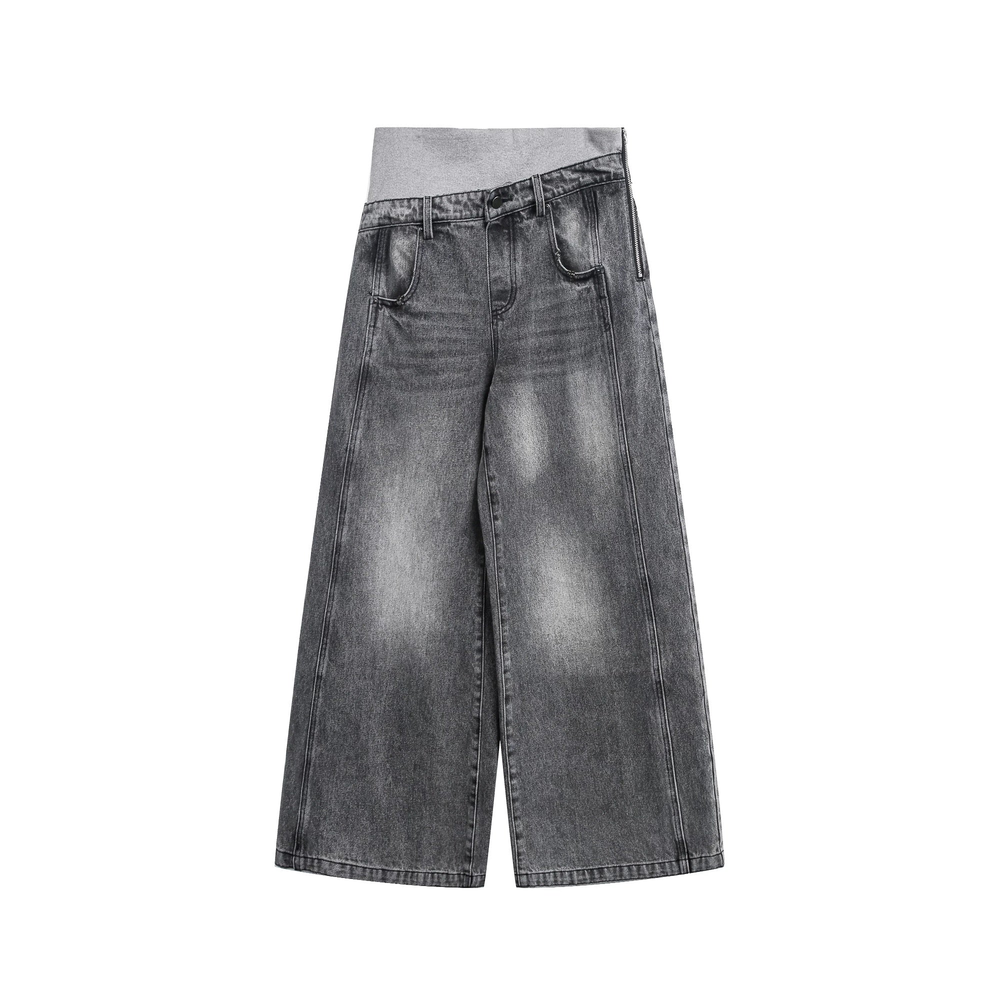 Retro Double-Waistband Washed Straight-Leg Loose Wide-Leg Jeans