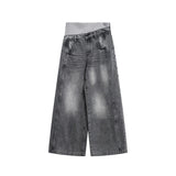 Retro Double-Waistband Washed Straight-Leg Loose Wide-Leg Jeans