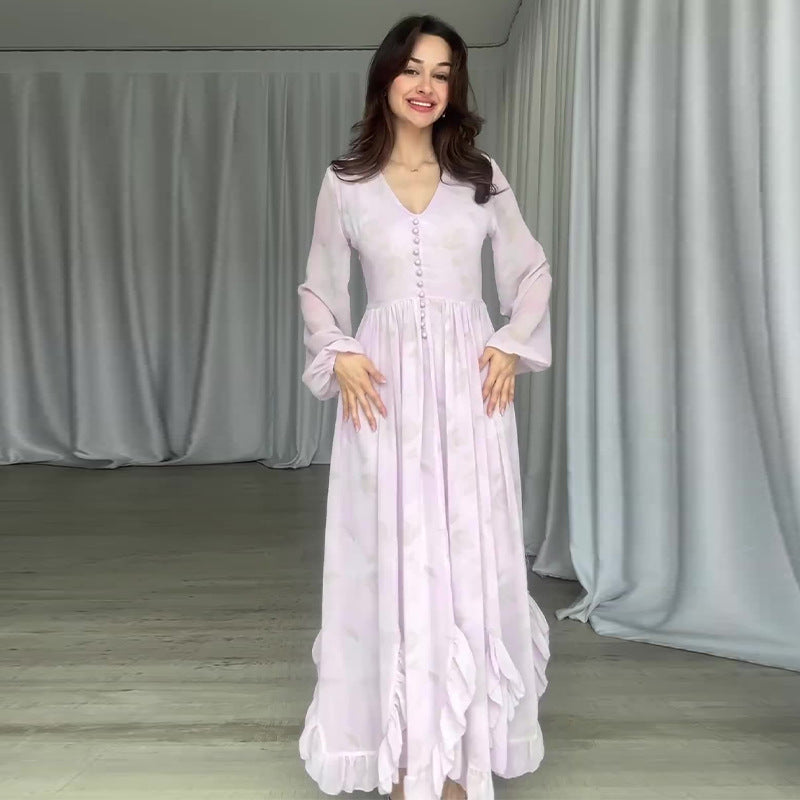 Mesh Patchwork Ruffled Long Sleeve Elegant Dress