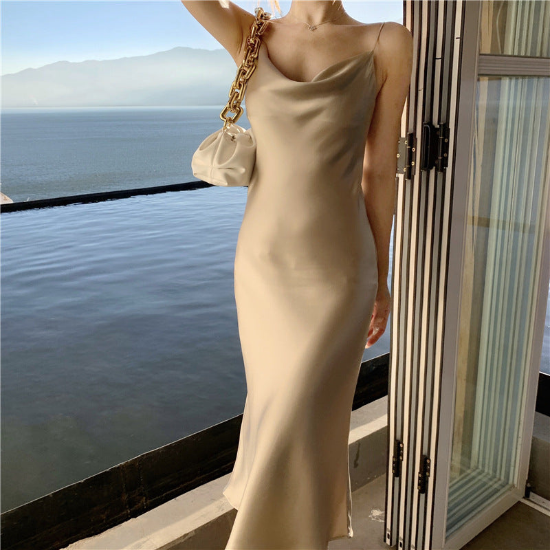 Sleek Acetate Satin Swing Neck Slip Dress