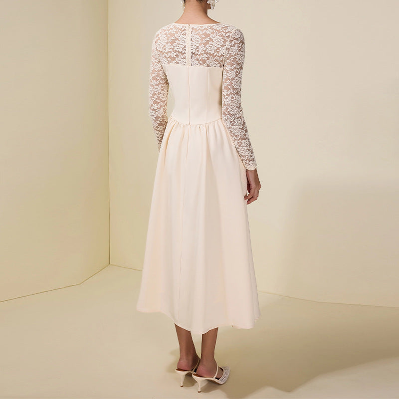 Womens Long-Sleeve Lace-Patchwork Elegant Dress