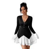 Long Sleeve Contrast Skirt Patchwork Ruffled Dress