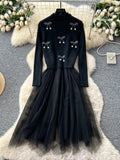 Cherry Vest Long-Sleeve Knitted Patchwork Mesh Dress
